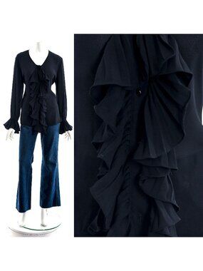 Black Silk Chiffon Ruffle Neckline Blouse Boho